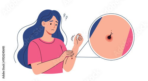 Worried woman looking at a dark mole on her arm with a close-up circle showing the skin lesion for medical awareness.