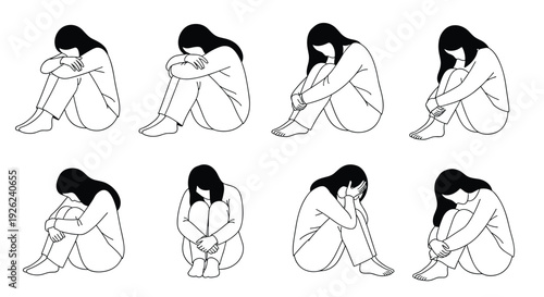 Grid showing various poses of a lonely girl sitting on the floor hugging her knees and looking sad or depressed in outline.