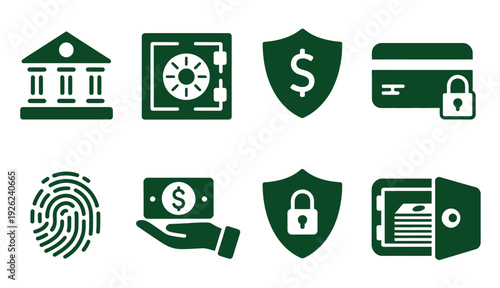 Set of Financial Security Icons Including Bank, Fingerprint, Shield Locks, Credit Card, Secure Payment, and Cash Vault, Vector Illustration