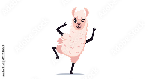 Happy pink llama winking and dancing with its arms raised in a joyful pose against a plain white background for kids.