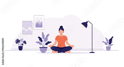 Woman practicing yoga and meditation in a peaceful home environment surrounded by potted plants and soft lighting.