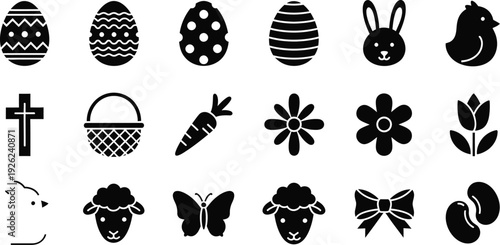 Easter symbols collection: decorated eggs, a bunny face, a chick, flowers, a basket, a cross, a carrot, a lamb, a butterfly, a tulip, and a jelly bean for  Easter celebrations and spring holidays. 