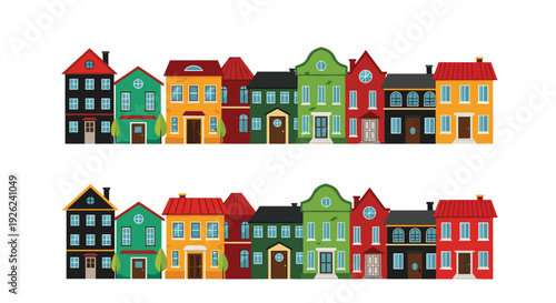 Two identical rows of colorful european style townhouses with different roof shapes and vibrant facade colors in a line.