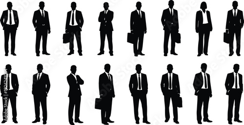 Business professionals, figures of men in suits, some carrying briefcases or posing with folded arms. Corporate design, branding, and illustrating teamwork concepts. 