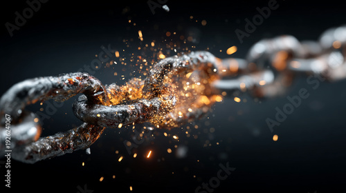 Dramatic close-up of a metal chain fragmenting with fiery orange sparks exploding outwards against a dark, moody background, representing a critical moment of breakdown or breakthrough.
