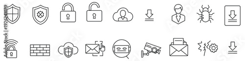 Internet security and protection outline icons. Shield, lock, firewall, secure cloud and network safety vector icon pack