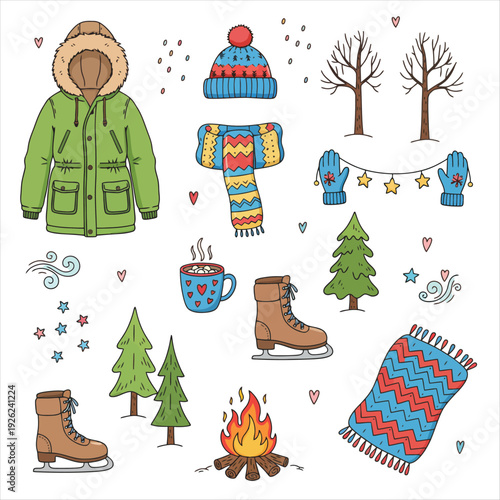 Winter clothing and accessories with campfire trees and hot drink evoking cozy atmosphere and outdoor activities