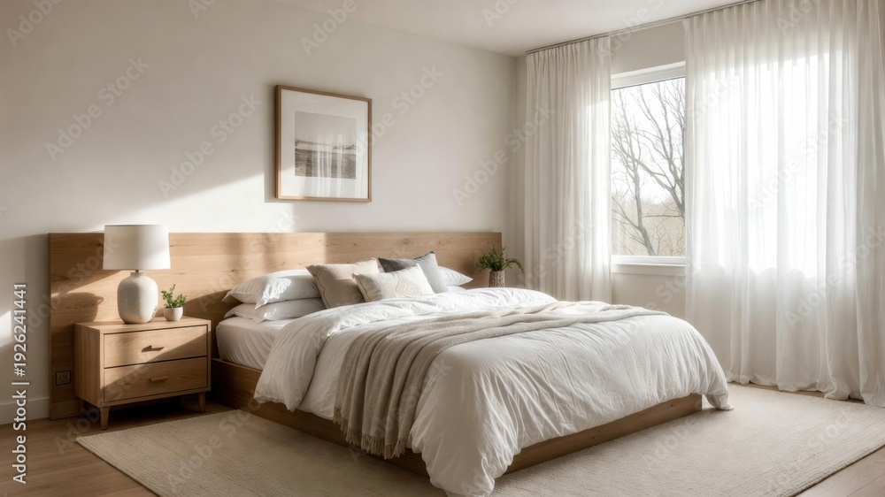 Fototapeta premium Cozy minimalist bedroom with wooden furniture and large window.