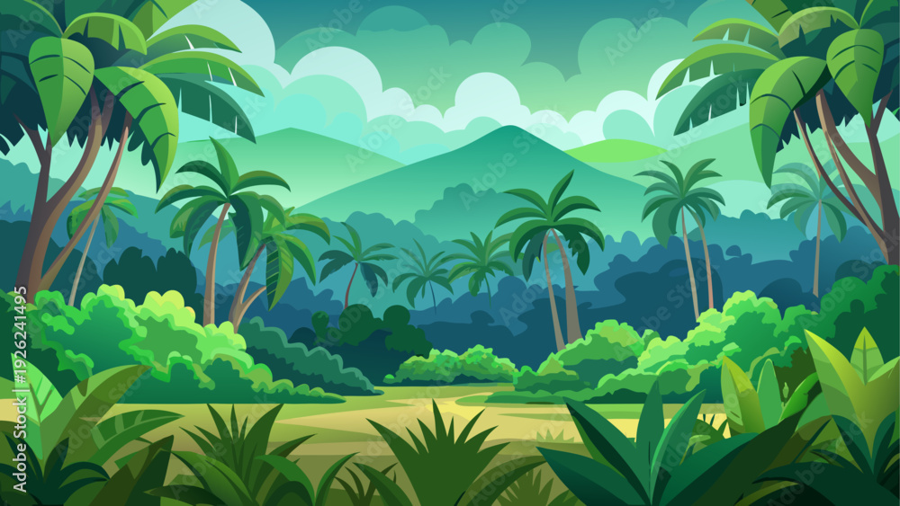 Fototapeta premium Dense tropical rainforest forming a natural edge against open ground layered green foliage creates depth under clear sky clean minimal vector illustration flat design uncluttered composition