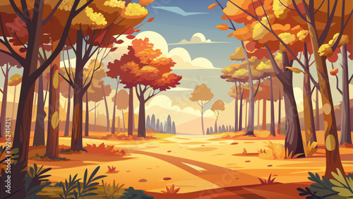 An open forest clearing surrounded by warm autumn trees natural ground covered with subtle leaf texture distant tree line creates depth clean minimal vector illustration flat design