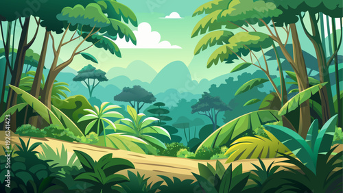 Dense tropical rainforest forming a natural edge against open ground layered green foliage creates depth under clear sky clean minimal vector illustration flat design uncluttered composition