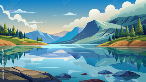 A calm crystal clear lake with smooth reflective water surface surrounded by distant low hills open sky reflecting naturally clean minimal vector illustration flat design