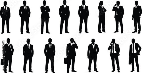 Business professionals, figures of men in suits, some carrying briefcases or posing with folded arms. Corporate design, branding, and illustrating teamwork concepts. 