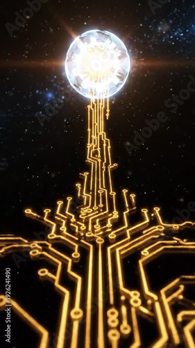 Futuristic Digital Circuit and Glowing Orb in Space