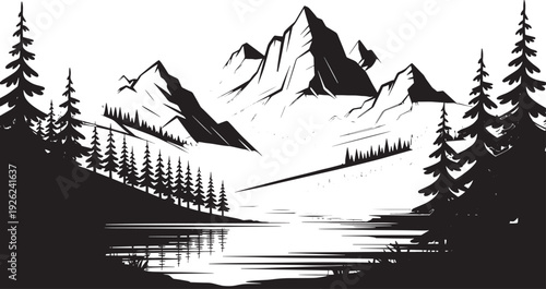 Black and white of a mountain landscape trees lake