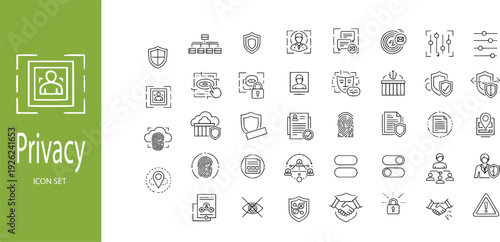 Privacy and Data Security Line Icon Set: Biometric Authentication, Face ID, Cloud Protection, and Personal Information Safety Symbols