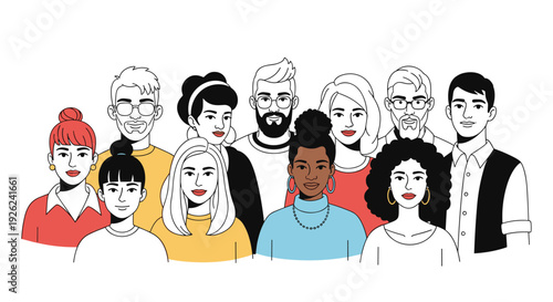Diverse group of professional and casual people in a mixed line art and flat color style showing varied personalities.
