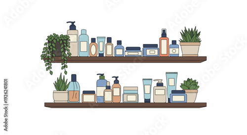 Skin care and cosmetic products displayed on two wooden wall shelves with green indoor plants for bathroom organization and beauty routines.