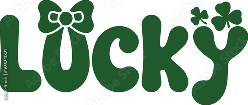 Whimsical green lucky charm logo with bow and shamrock accents Vector, illustration