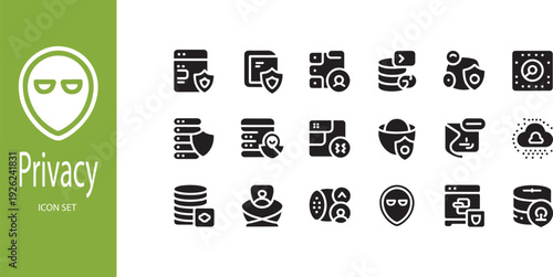 Solid Cyber Security Icon Set: Bold Data Privacy, Server Protection, Cloud Database Safety, and Secure Information Management Symbols
