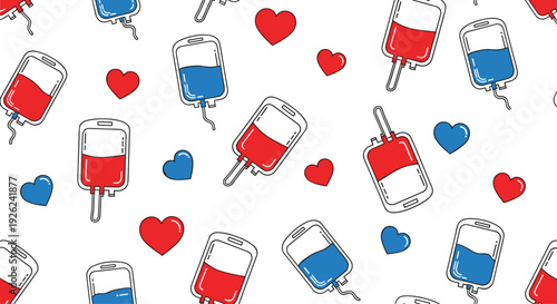 Medical seamless pattern featuring iv fluid bags and colorful hearts representing blood donation and healthcare support on a white background.
