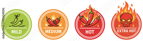 Spicy food heat level icons set chili pepper labels for mild medium hot extra hot flavor and cuisine rating symbols