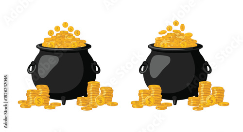 Two black pots of gold coins illustrating wealth and prosperity often associated with st patricks day or financial abundance.