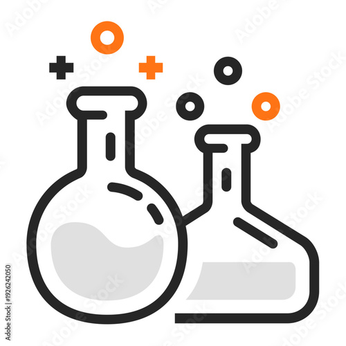 Two laboratory flasks with bubbling liquid and orange sparks, representing chemical reactions