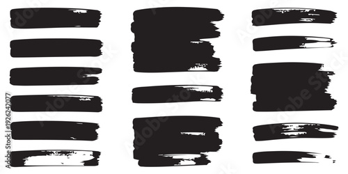 Various thick black ink brush strokes and bold paint smears for creative artistic layouts and vector design