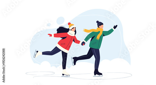 Happy couple enjoying ice skating on an outdoor frozen lake in winter while wearing warm seasonal clothing and accessories.