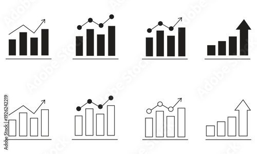 Various business growth charts with line graphs and upward arrows in two styles vector illustration