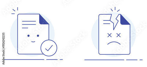 Positive and negative document feedback icons. Happy approved file, broken rejected paper, checklist validation. customer review, quality control, error report, user satisfaction rating outline Icon