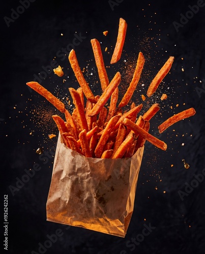 Wallpaper Mural Spicy Sweet Potato Fries Flying with Seasoning Burst in Paper Bag Torontodigital.ca