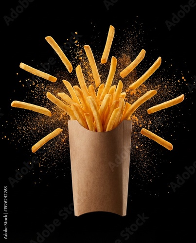 Wallpaper Mural Flying French Fries with Seasoning Explosion in Paper Box on Black Torontodigital.ca