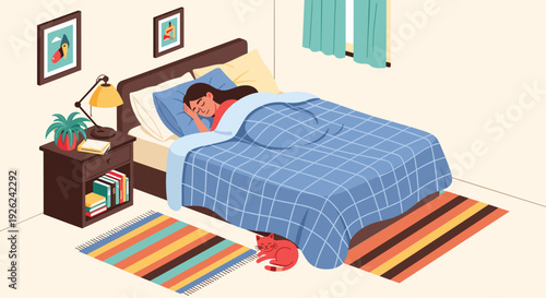 Cozy bedroom interior with a woman sleeping in bed and a cat resting on a rug during a peaceful night at home.