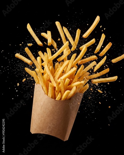Wallpaper Mural Flying French Fries with Salt and Crumbs Explosion on Black Torontodigital.ca