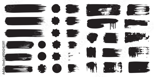 Collection of artistic ink brush strokes with circle shapes and dripping paint effects for vector designs