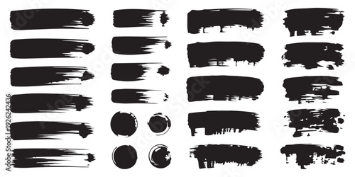 Set of black paint brush strokes for text or background on white, collection of vector ink spots and grunge lines