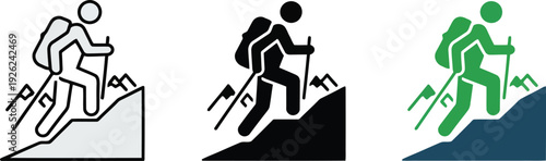 Hikers climbing mountains with trekking poles minimalist illustrations in black white and green on white background adventure concept