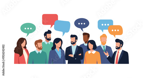 Group of diverse professional people engaged in discussion with colorful speech bubbles representing teamwork and communication in the workplace.
