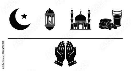 Ramadan icons including crescent moon, lantern, mosque, dates, and praying hands in monochrome illustration for cultural celebration