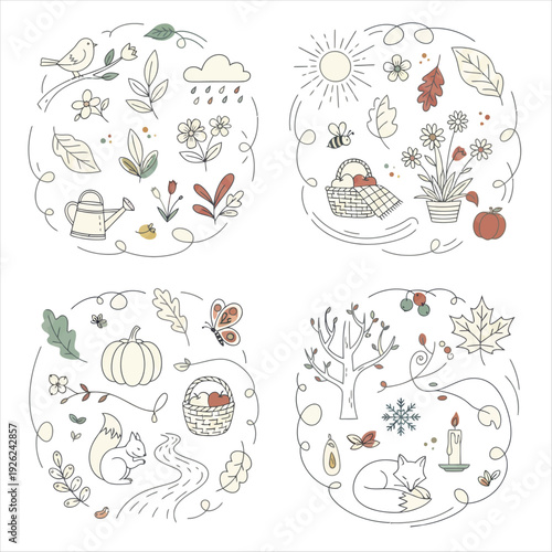 Seasonal illustrations of nature and gardening activities with various icons and symbols