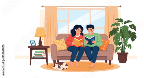 Young couple sitting on a sofa and reading books together in a cozy living room with a cat and indoor plants.