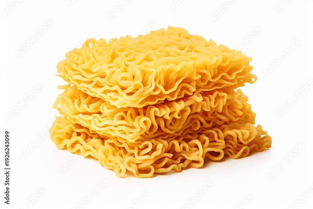 Fototapeta premium Stack of three blocks of dry yellow quick cooking instant ramen noodles