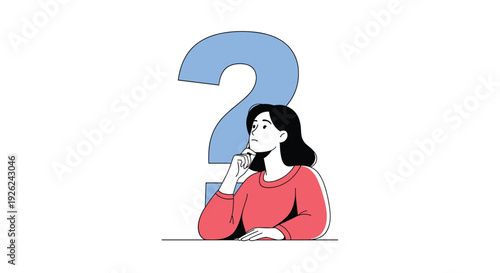 Young woman thinking deeply and considering options with a large blue question mark in the background representing decision making.