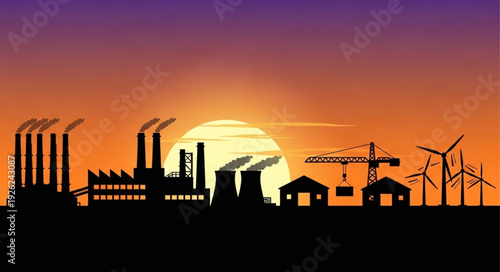 Industrial landscape silhouette against a vibrant sunset sky, representing energy and production.