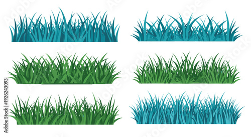 Various patches and clusters of green and blue grass used for garden landscaping and outdoor environmental design projects.