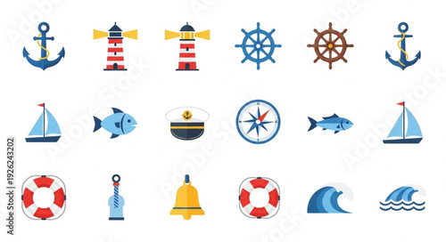 Collection of nautical themed icons representing maritime elements and symbols.