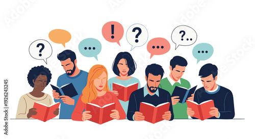 Group of diverse people reading books with communication symbols in bubbles above their heads representing information exchange and learning.