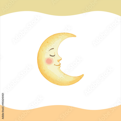 Whimsical crescent moon illustration with peaceful face and rosy cheek against soft yellow and orange borders promoting calm rest